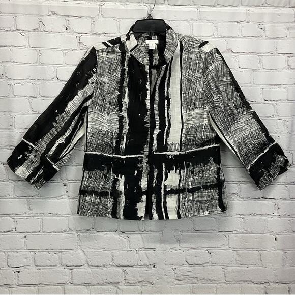 Chico's Linen Blend Blazer Women's Size 1 (S/8) Black/White Abstract Lightweight - Picture 7 of 11